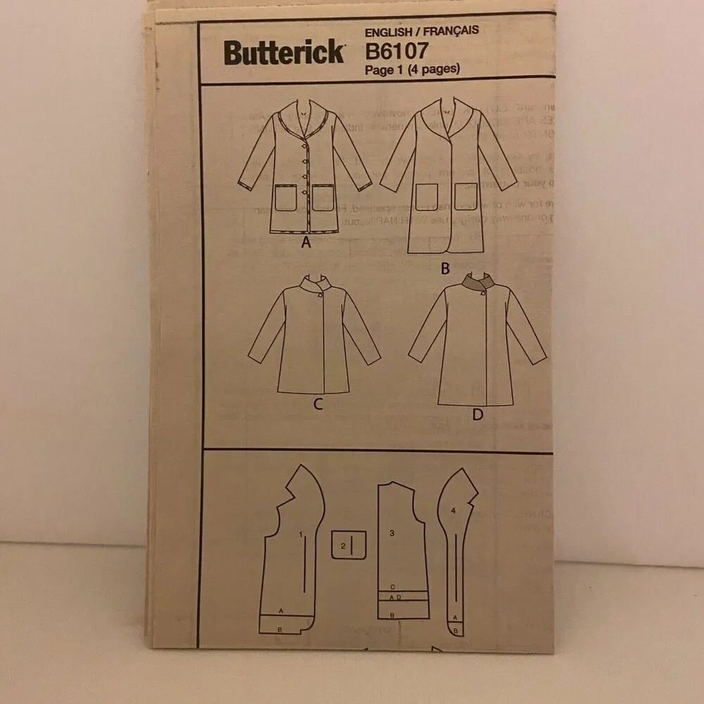 #B6107 Butterick Misses Coat Sewing Pattern Size L-2XL